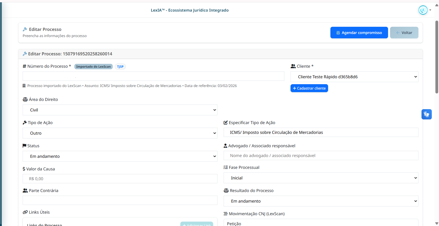 Tela de processo no LexOffice com visão operacional do caso